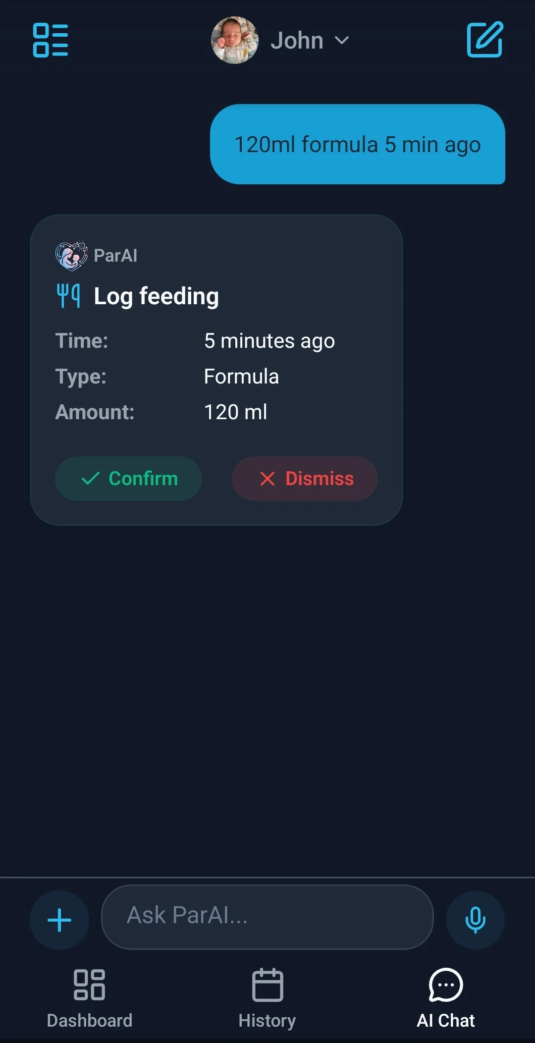 ParAI AI chat logging a feeding with natural language