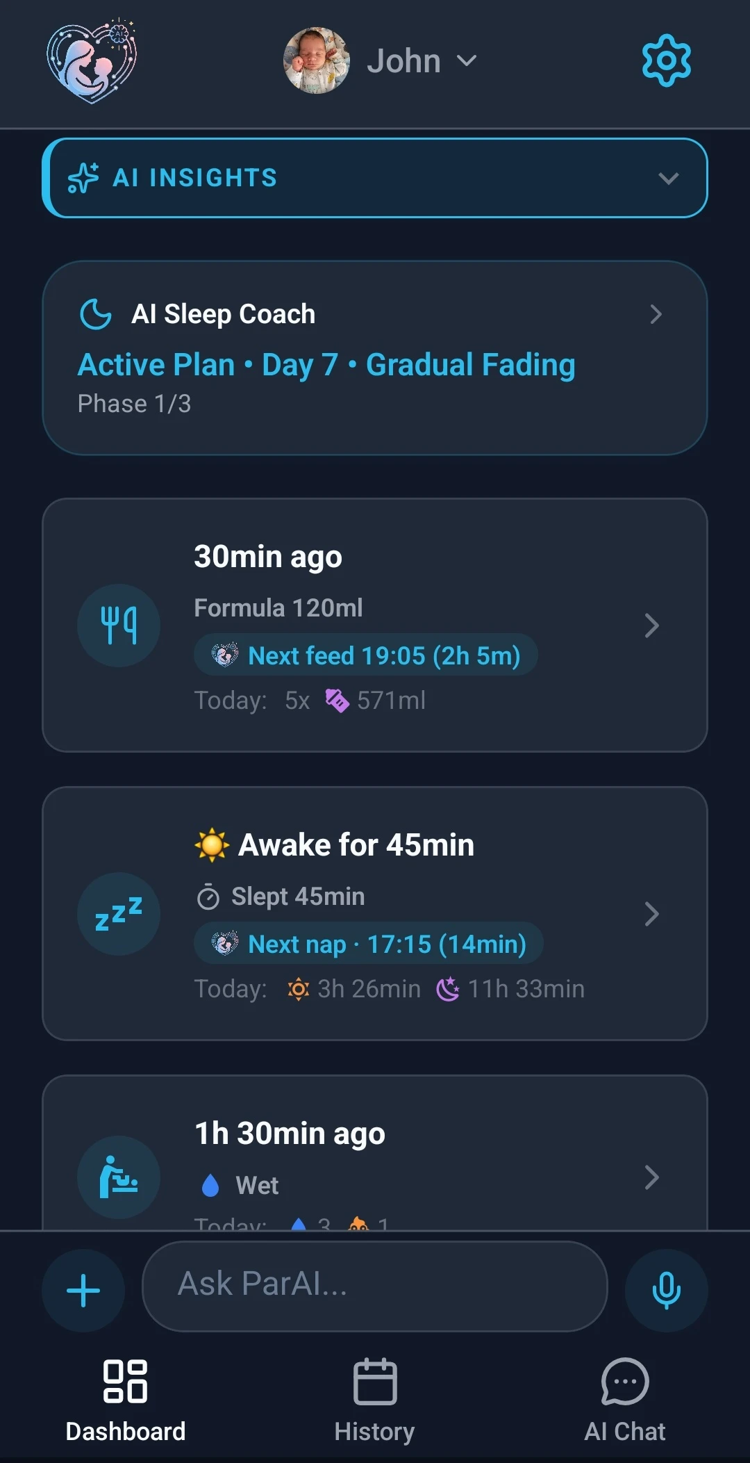 Baby tracker dashboard — daily feeding, sleep, and diaper summary