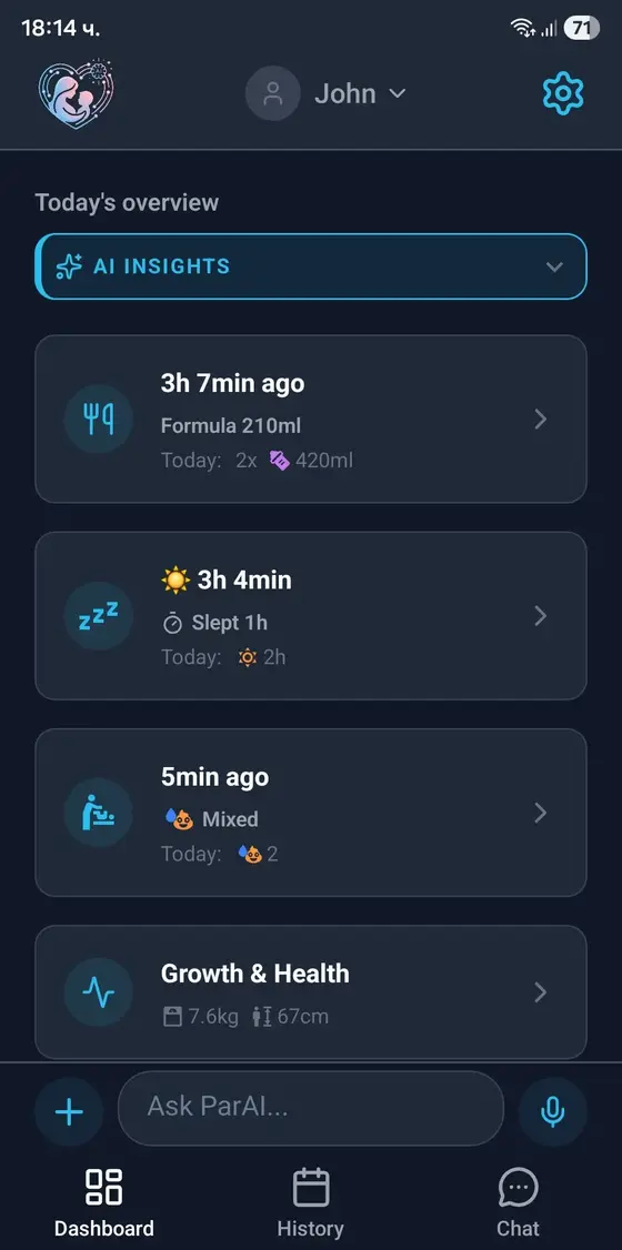 Baby tracker dashboard — daily feeding, sleep, and diaper summary